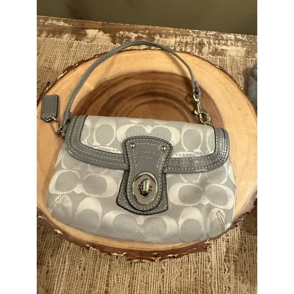 Coach Y2K Rare Grey Signature Fabric Leather Turnlock Mini Bag Wristlet